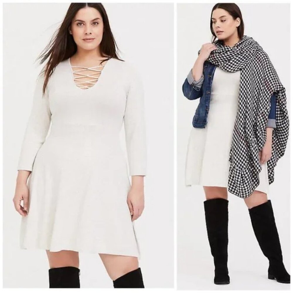 Torrid Knit Dress Oatmeal Mini Sweater Cross Front Skater Lace-Up Lattice 2X
